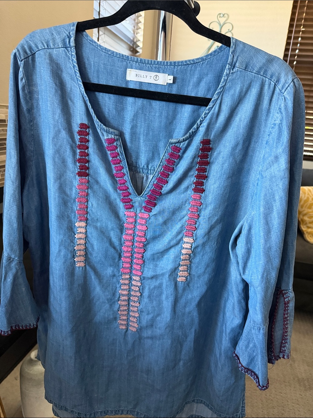 Billy T Blue Chambray Tunic with Pink Embroidery